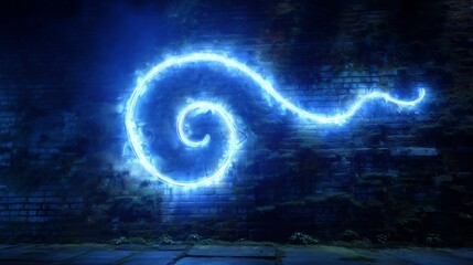 **Bright blue spiral neon loop glowing from the center of a gritty, moss-covered brick wall in dim moonlight