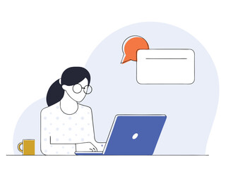 Woman working on laptop with chat bubble and coffee cup in flat vector design
