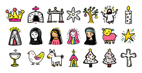 Fototapeta premium christian religion and nativity doodle icons set vector