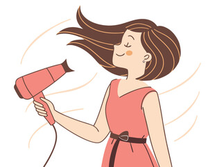 Young woman drying hair with a hairdryer in a stylish cartoon illustration