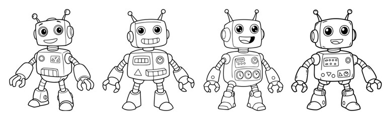 Fototapeta premium cute cartoon robots set coloring page vector