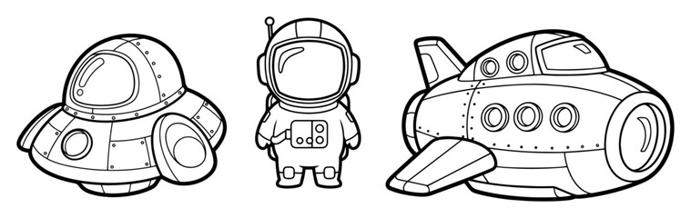 space character set with ufo, astronaut and spaceship in cartoon black and white vector line art