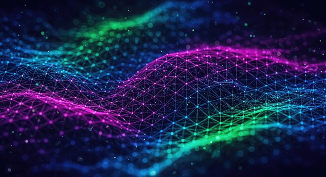 A vibrant abstract network of interconnected dots and lines creates a futuristic digital landscape