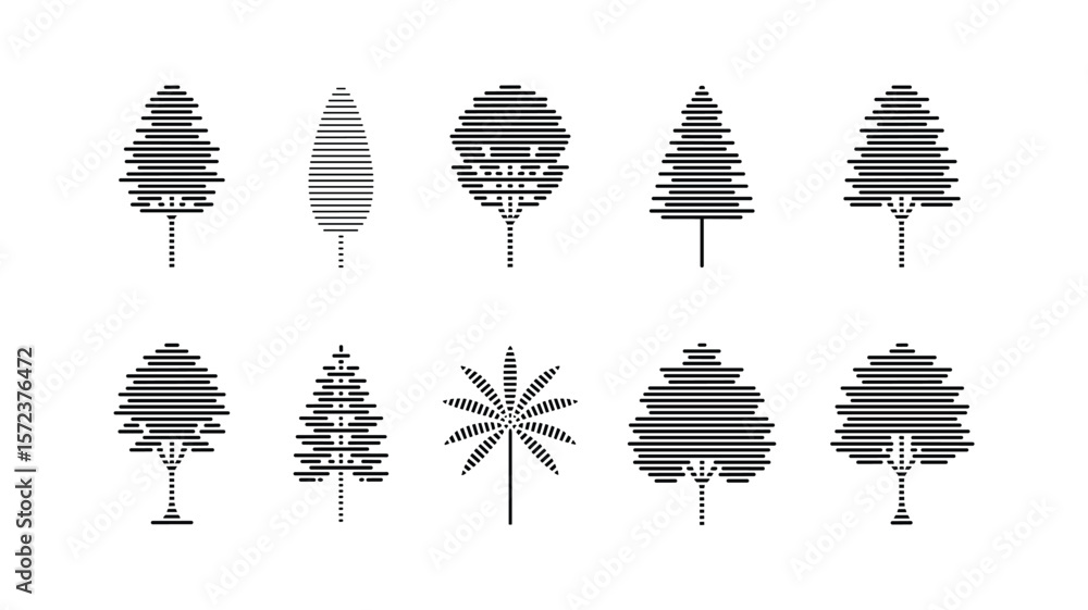 Poster collection of minimalist tree icons with horizontal line design in black and white
