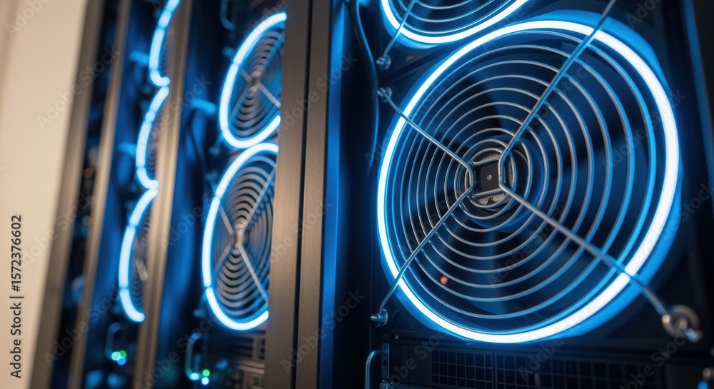 Poster powerful cooling fans are working to maintain optimal temperature inside a server rack, ensuring smo