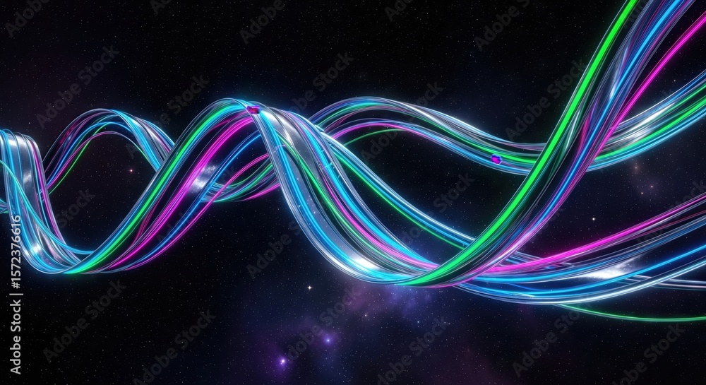 Poster colorful neon lines twist and turn through a starry expanse, creating a futuristic and dynamic abstr
