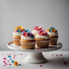 Delicious cupcakes decorated with flower shaped frosting on white cake stand
