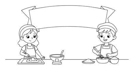 kids cooking together with blank banner above