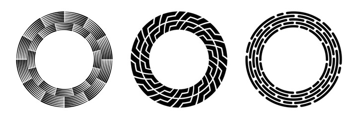 Collection of round frames. Segmented black circles. Dashed lines following a circle path. Design element. Abstract geometric black curved shapes isolated on white background. Vector illustration.