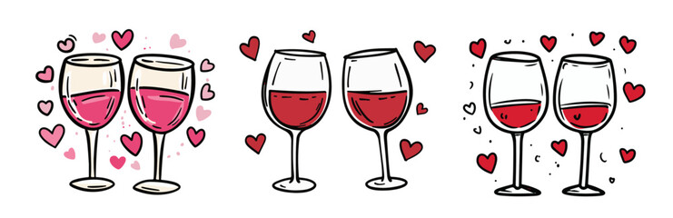 cute wine glass couples in love valentine's day vector set