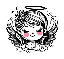 cute angel girl face with wings kawaii character vector