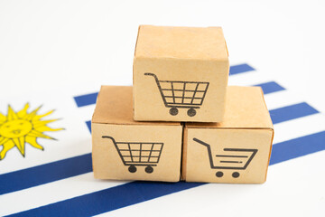 Box with shopping online cart logo and Uruguay flag,