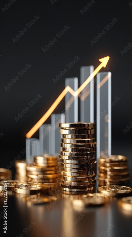 Poster illustrative financial success concept featuring animated gold coins stacking dynamically next to a 