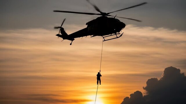 Helicopter Rescue at Sunset - A silhouetted helicopter performs a daring rescue operation as a person rappels down from it against a vibrant orange and yellow sunset backdrop.