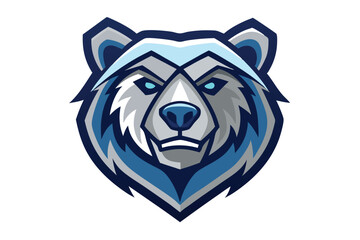 Fierce illustrated blue bear head with bright eyes is isolated against a white background