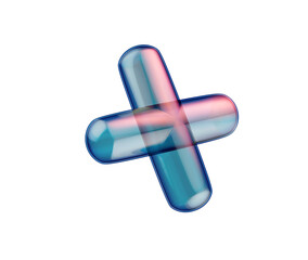 A sleek transparent blue 3D plus sign with a glossy, futuristic and reflective look. 3D Illustration