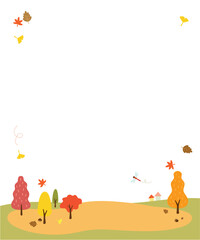 A cute autumn illustration background with trees, falling leaves, and a dragonfly.