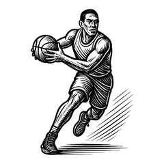 Fototapeta premium Dynamic Male Basketball Player Dribbling Ball in Motion Black and White Outline Line Art Drawing Vector Illustration Engraving Style