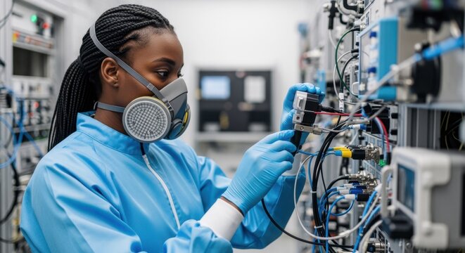 African american scientist wearing a protective mask and suit, working with advanced technology in a modern laboratory, showcasing precision and expertise