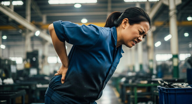 Lower Back Pain Evident in Factory Worker Frozen Mid Task, Hand Gripping Sore Spine Area - Powered by Adobe