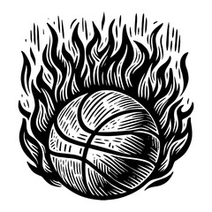 Burning Basketball in Fire Flames Black and White Outline Line Art Drawing Illustration