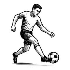 Naklejka premium Male Soccer Player Dribbling Football in Vintage Black and White Outline Line Art Drawing Engraving Style