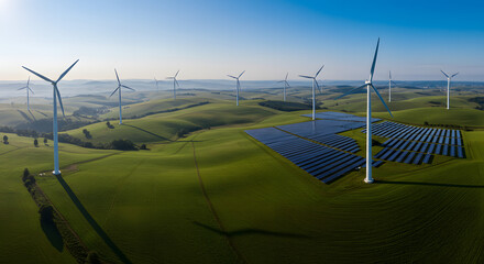 Solar panels and wind turbines in green field under blue sky. Clean energy concept with copy space