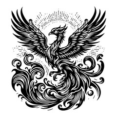 Obraz premium Phoenix Rising from Flames Black and White Outline Line Art Drawing Illustration Graphic Design