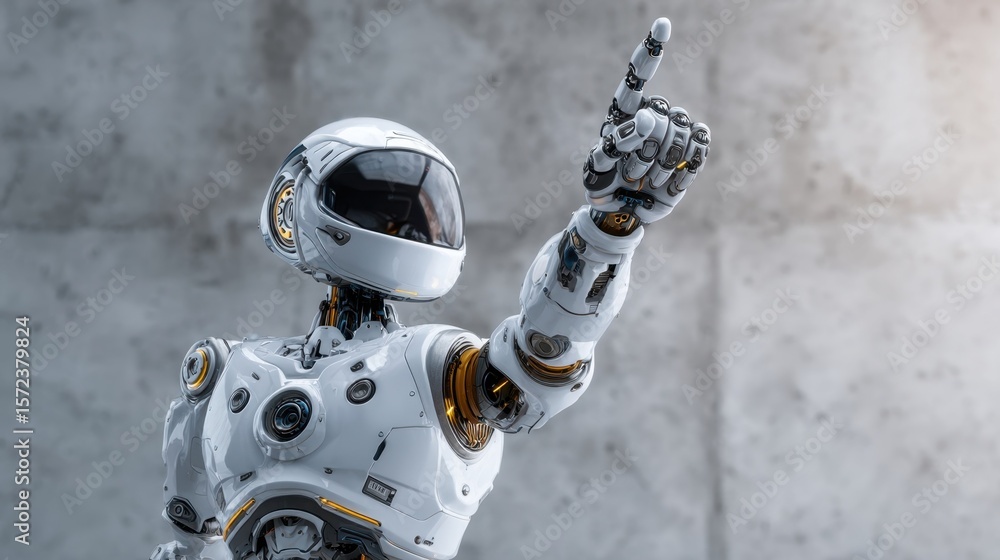 Poster a humanoid robot showcasing an expressive hand gesture as it raises its arm symbolizing innovation i