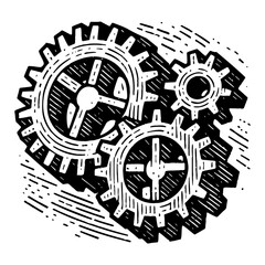 Interlocking Gears Mechanism System Industrial Concept Vintage Black and White Outline Line Art Drawing