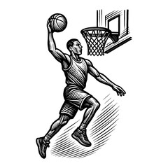 Fototapeta premium Dynamic Basketball Player Dunking Action Black and White Outline Line Art Drawing with Hoop
