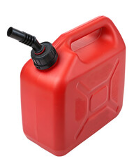 Red plastic fuel canister with a spout, designed for storing gasoline or other liquids. The container is shown against a transparent background.