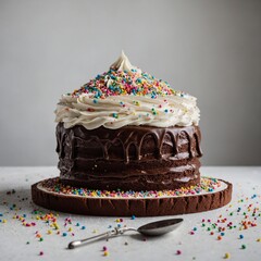 White cake with chocolate frosting and sprinkles
