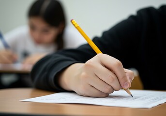 Close-up of a student writing under pressure during a test, capturing the stress of exam time in the classroom