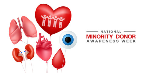 August is National Minority Donor Awareness Week. Heart, lung, kidney, eye, blood and people. Suitable for posters, banners and social media. White background.