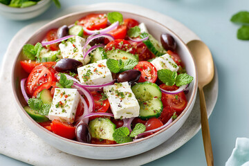 A bowl of salad with tomatoes, cucumbers, and feta cheese
