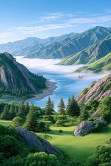 A mountain range with a river running through it