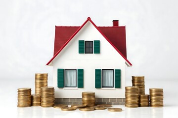 House model with gold coins isolated in white background, real estate investment concept