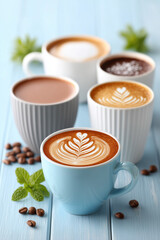 A blue coffee cup with a leaf design on it