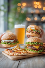 A person is holding a burger with lettuce and cheese