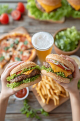 Two people holding up two hamburgers and a glass of beer