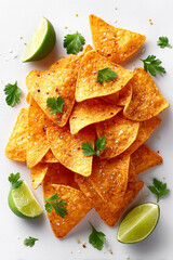 A pile of tortilla chips with lime wedges on top