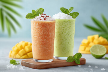 Two drinks with ice and mint on top