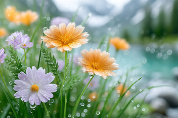A field of flowers with a body of water in the background