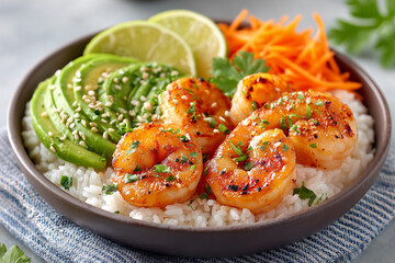 A bowl of shrimp and rice with avocado and carrots