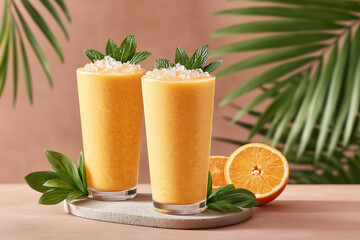 Two glasses of orange juice with a slice of orange on the side