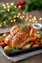 A roasted chicken with herbs and potatoes on a black plate