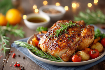 A roasted chicken with vegetables on a plate