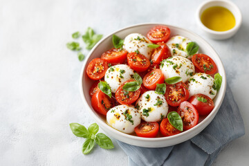 A white bowl filled with a salad of tomatoes and cheese