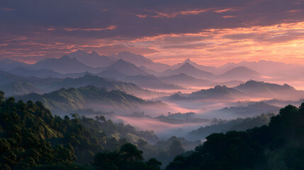 Obraz premium Sunrise over Misty Rainforest Mountains